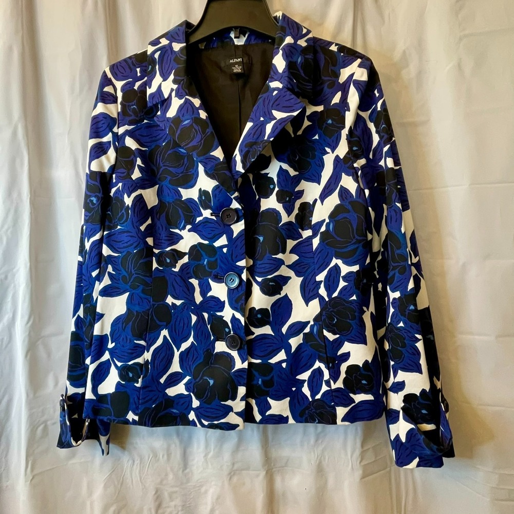 Alfani Womens Bold Floral Structured Blazer Jacket Blue Black White Size 12